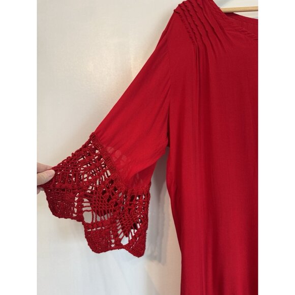 Baik Baik Honolulu Red Crochet Tunic Top Size Large 3/4 Flare Sleeves Boho - Picture 5 of 9